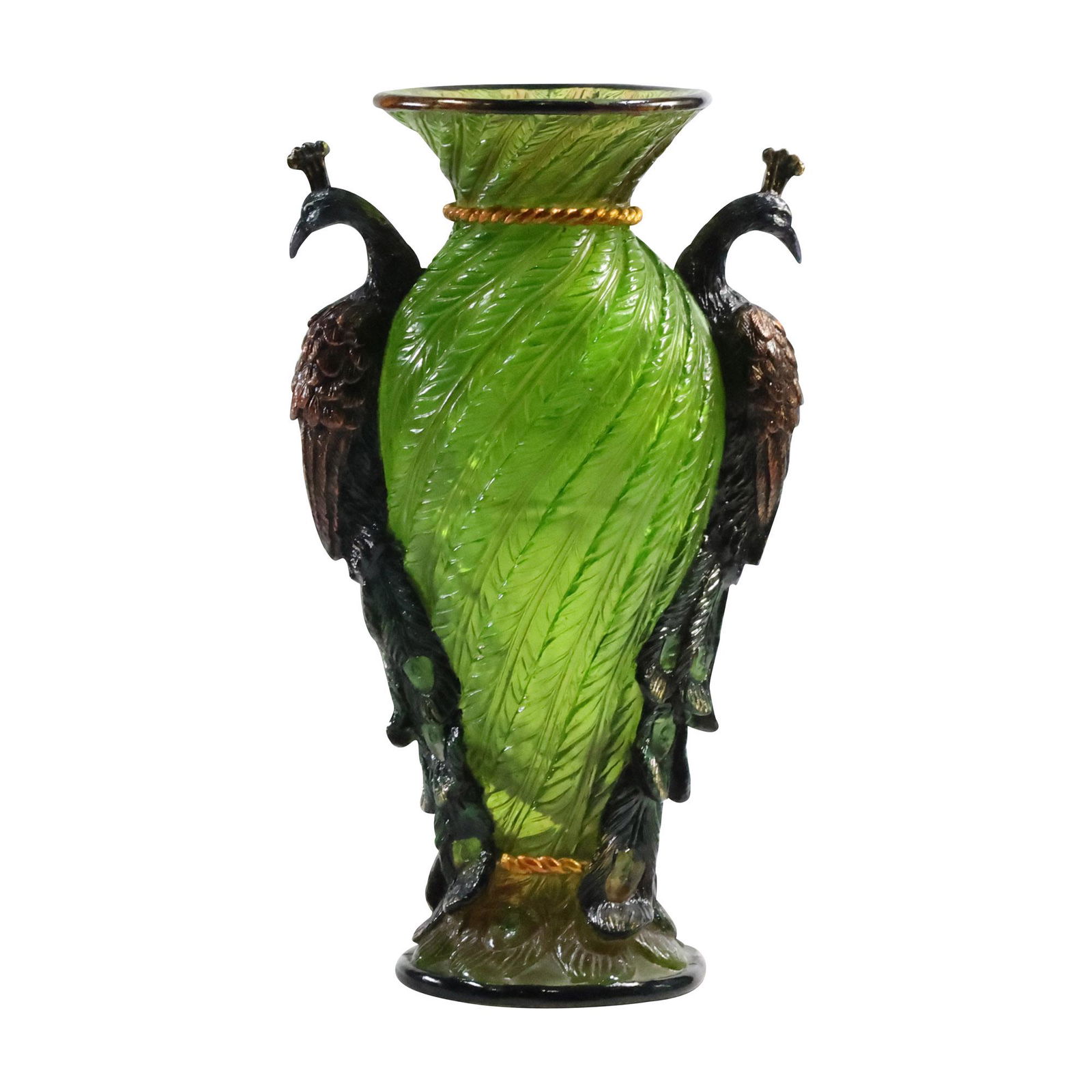 Decorator Green Glass Vase with Molded Peacock Birds on Sides 10 inches height (1 of 12)