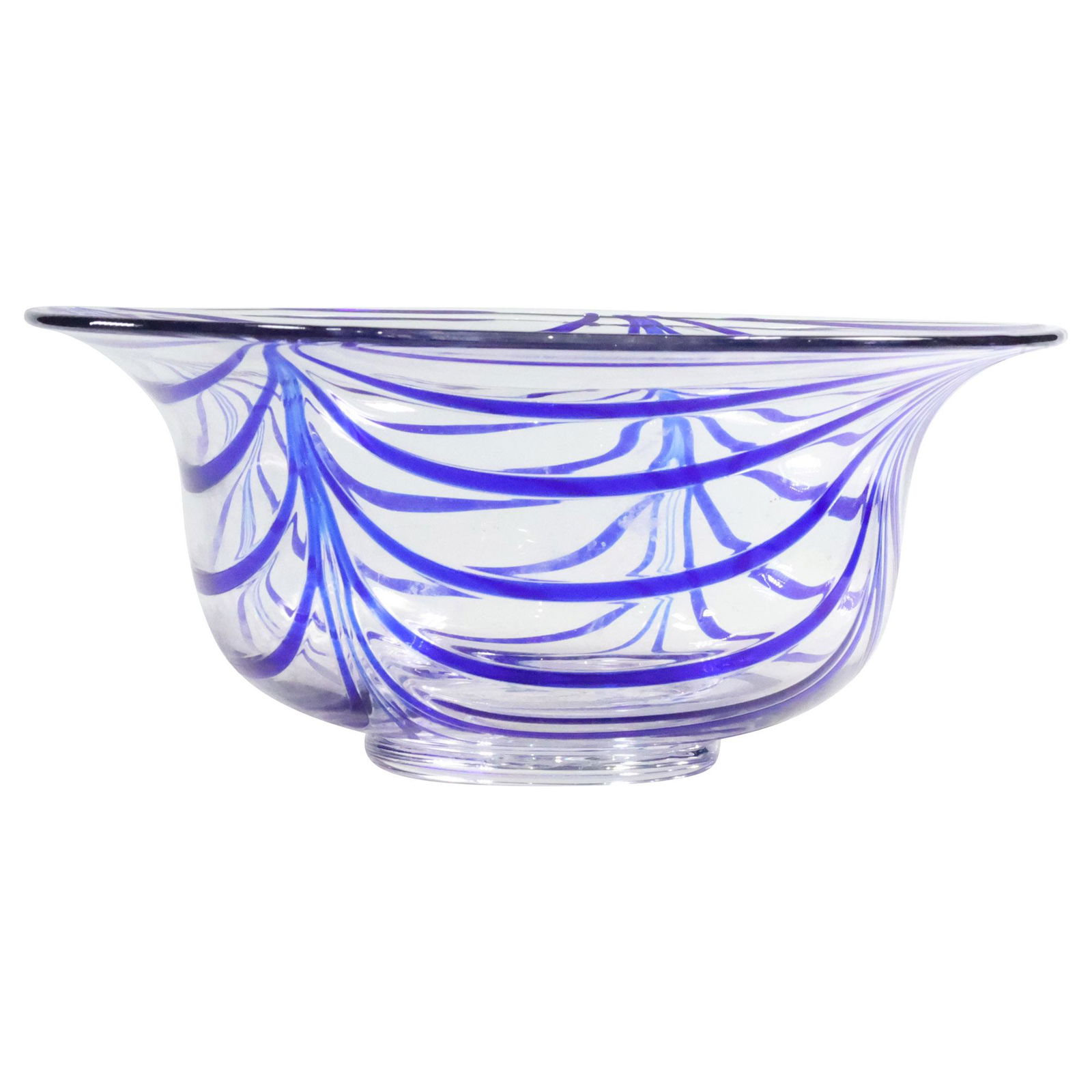 Mid-Century Modern Art Glass Clear Center Bowl with Draped Blue Stripes 10.25 inches diameter (1 of 10)