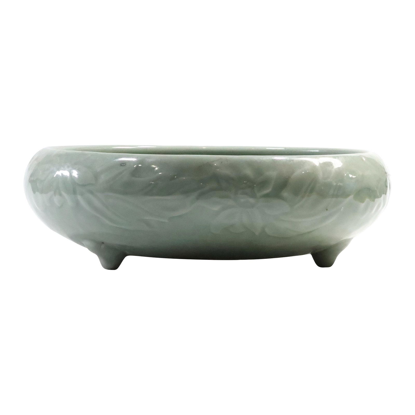 Celadon Low Bowl with Stylized Fish Embossed Pattern 11 inches diameter: Celadon Low Bowl with Stylized Fish Embossed Pattern 11 inches diameter. size: 3.25 x 11