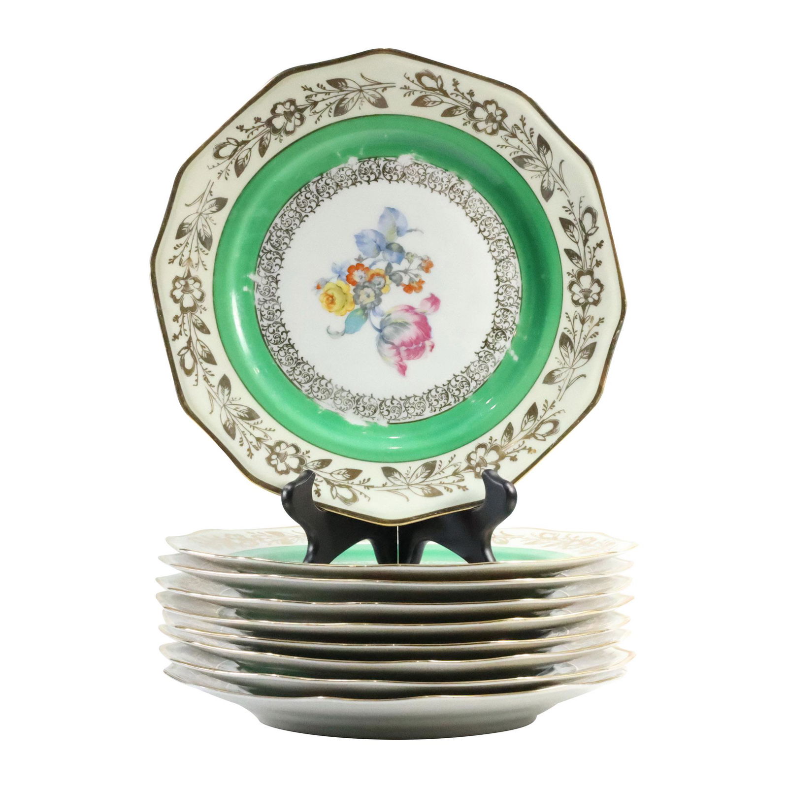 [9] Schumann York Bavaria Fine Porcelain Dinner Plates 11 inches diameter, Green Border, Floral (1 of 12)