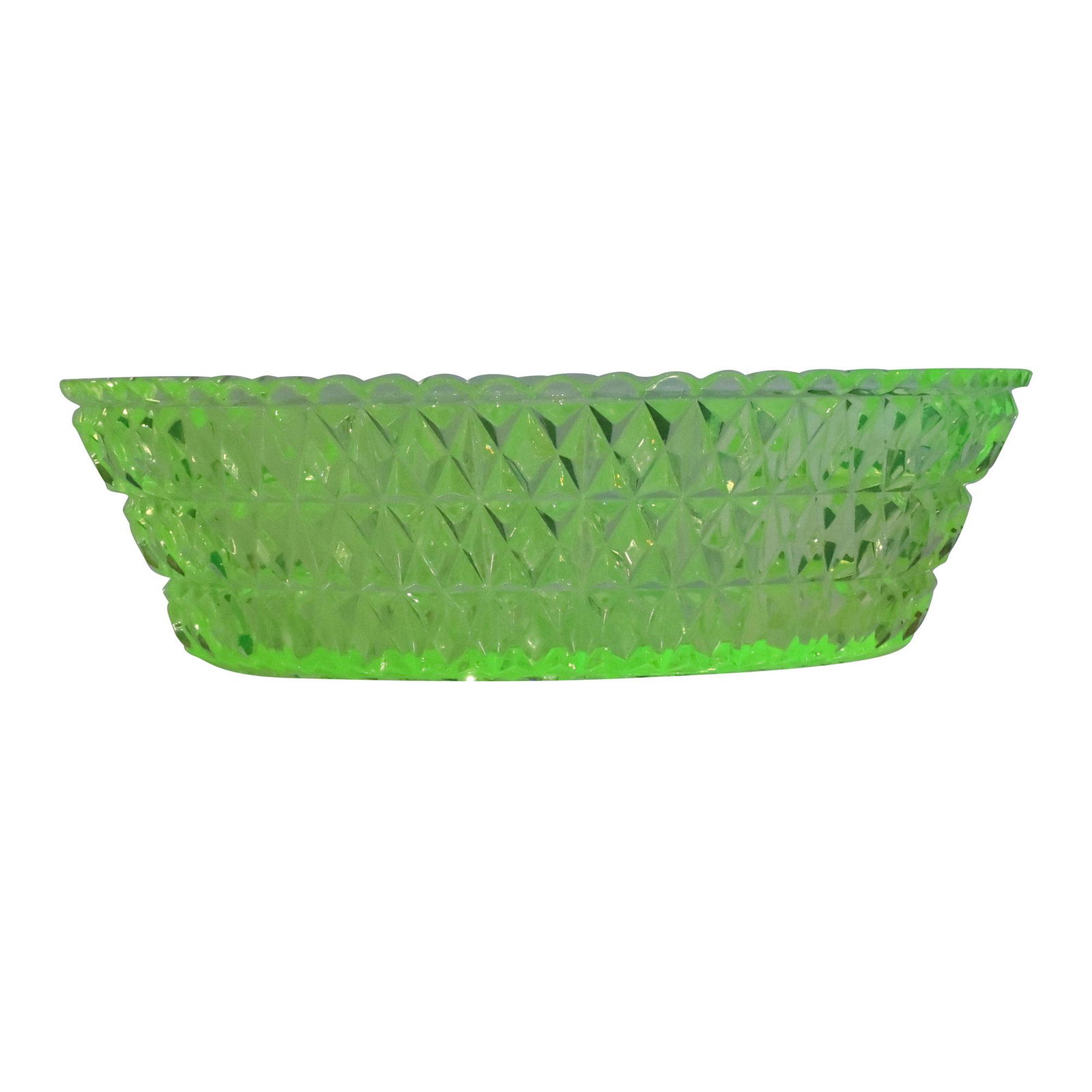 Vaseline Glass Diamond Quilt Pattern Bowl Uranium Glass Glows Under Blacklight 10.75 in. dia. (1 of 11)