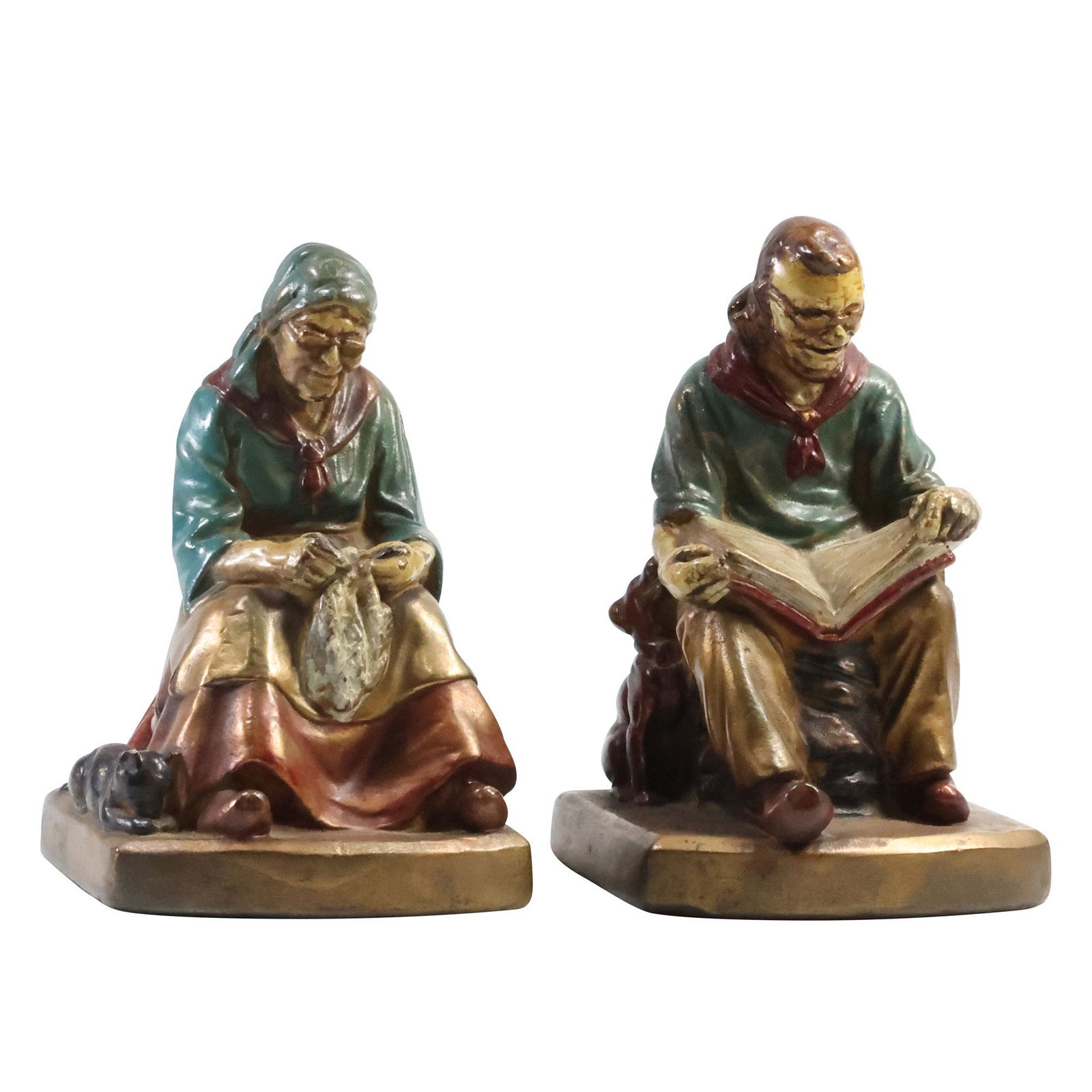 Armor Bronze Clad Polychrome Bookends Elder Man Reading & Elder Woman Knitting (1 of 15)