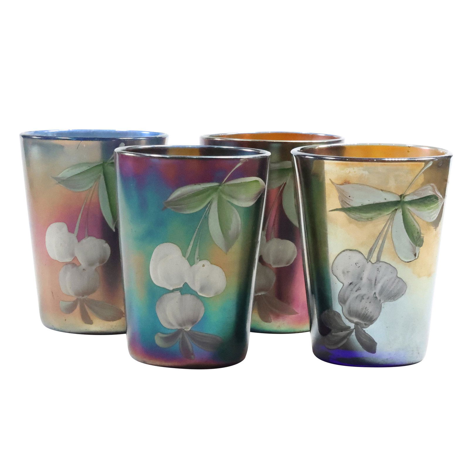 [4] Purple Carnival Glass Juice Tumblers with Hand Painted Cherries 4 inches height: [4] Purple Carnival Glass Juice Tumblers with Hand Painted Cherries 4 inches height. size: 4 x 3