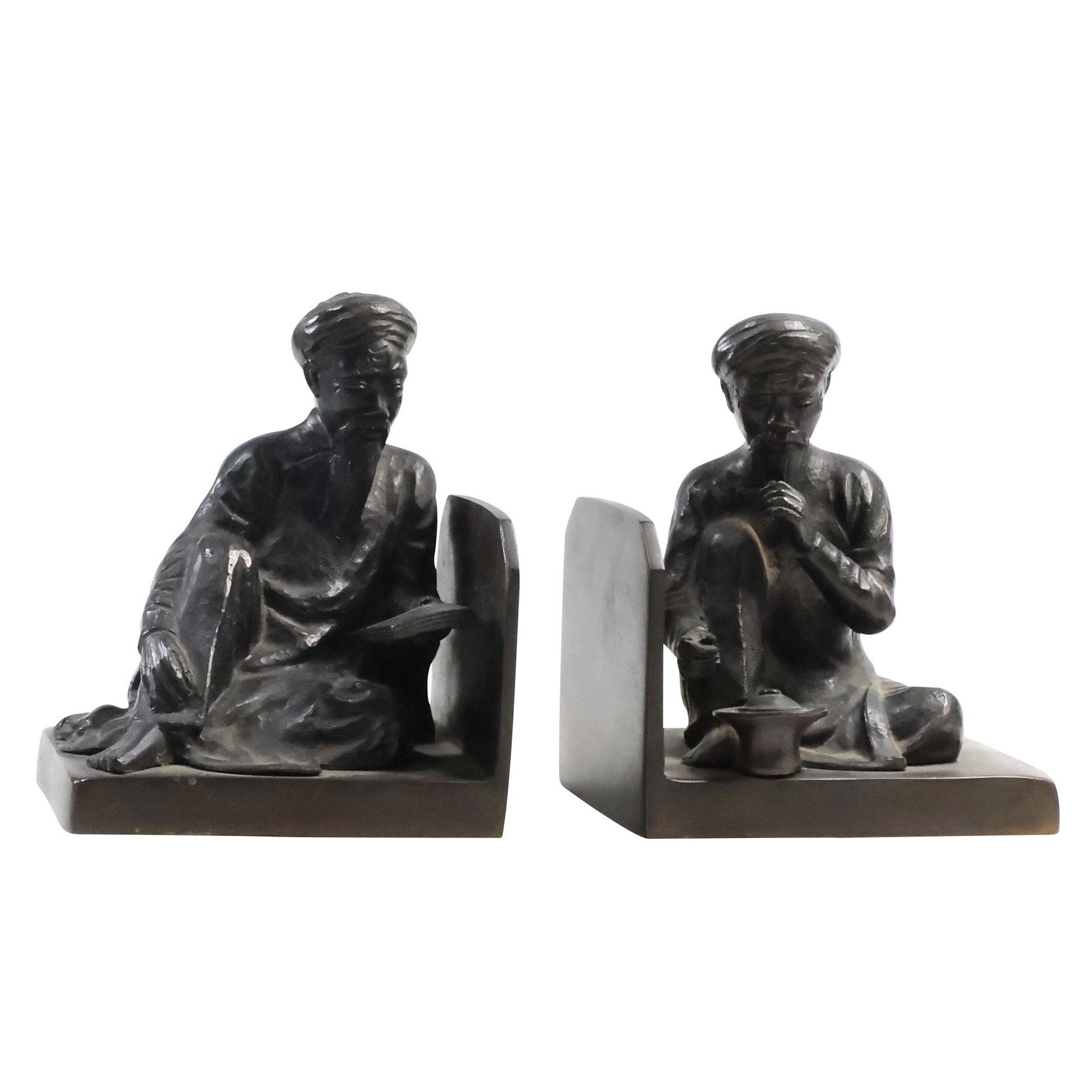 Circa 1920s Bronze Asian Scholar Figurative Bookends, Original Patina (1 of 14)