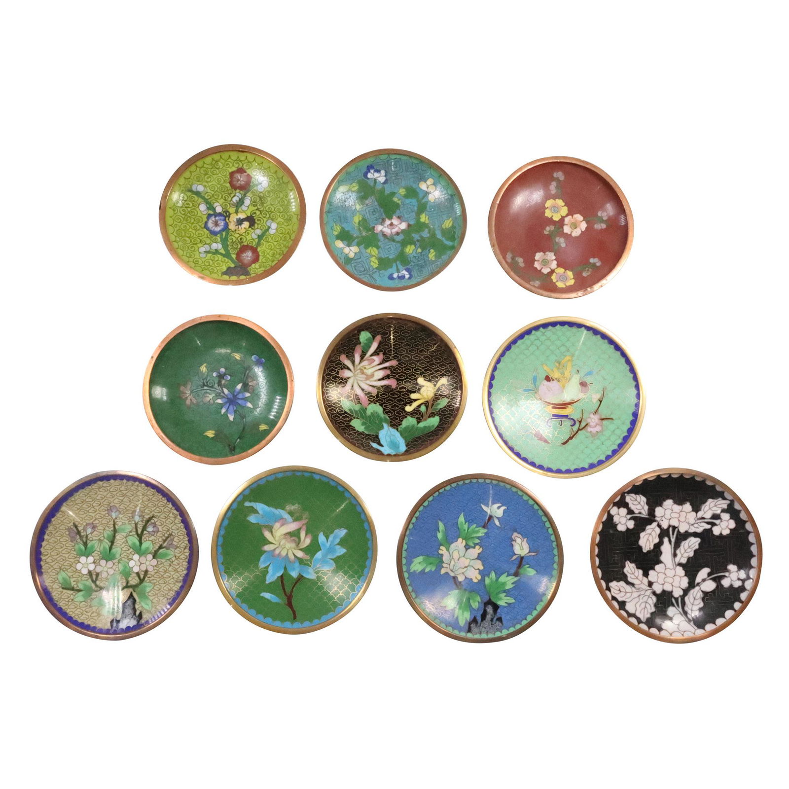 [10 Assorted Chinese Cloisonne Small Round Dishes 4 inches diameter (1 of 13)