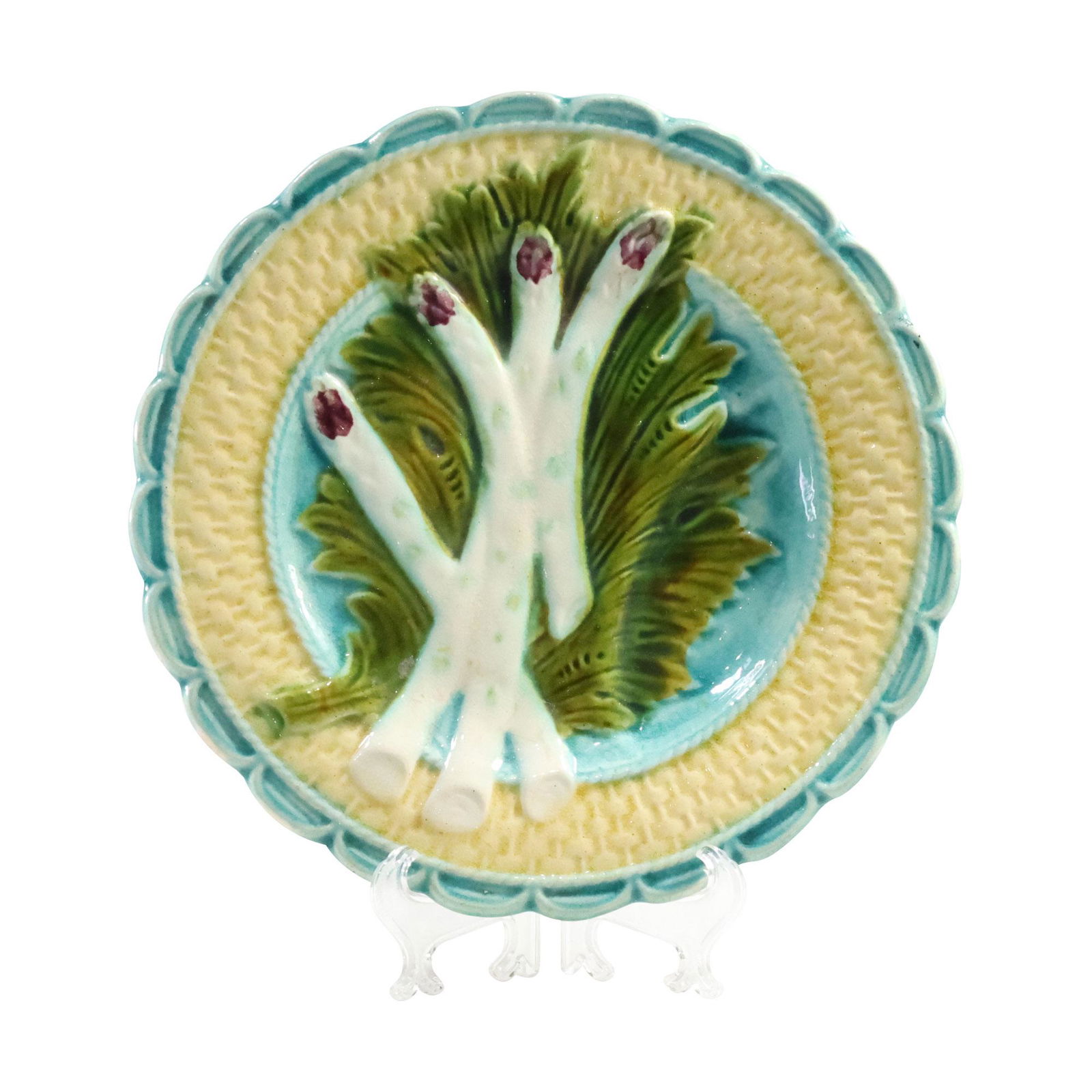 19th C. Majolica Pottery ASPARAGUS Plate 9.5 inches diameter (1 of 11)