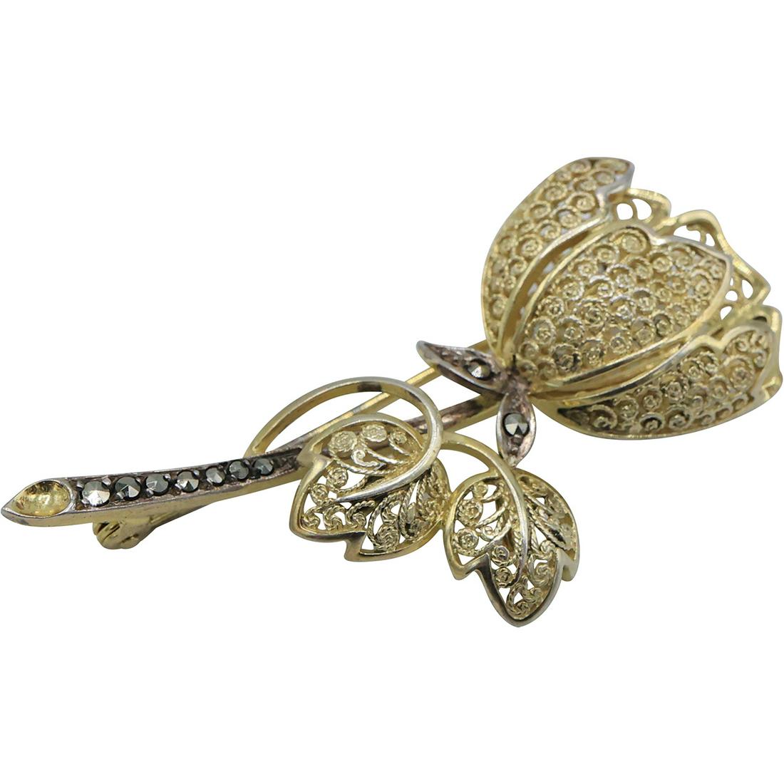 Alicia Caviness Sterling Silver Fligree Rose Bud Pin Germany 2 in. x 1 in. (1 of 12)