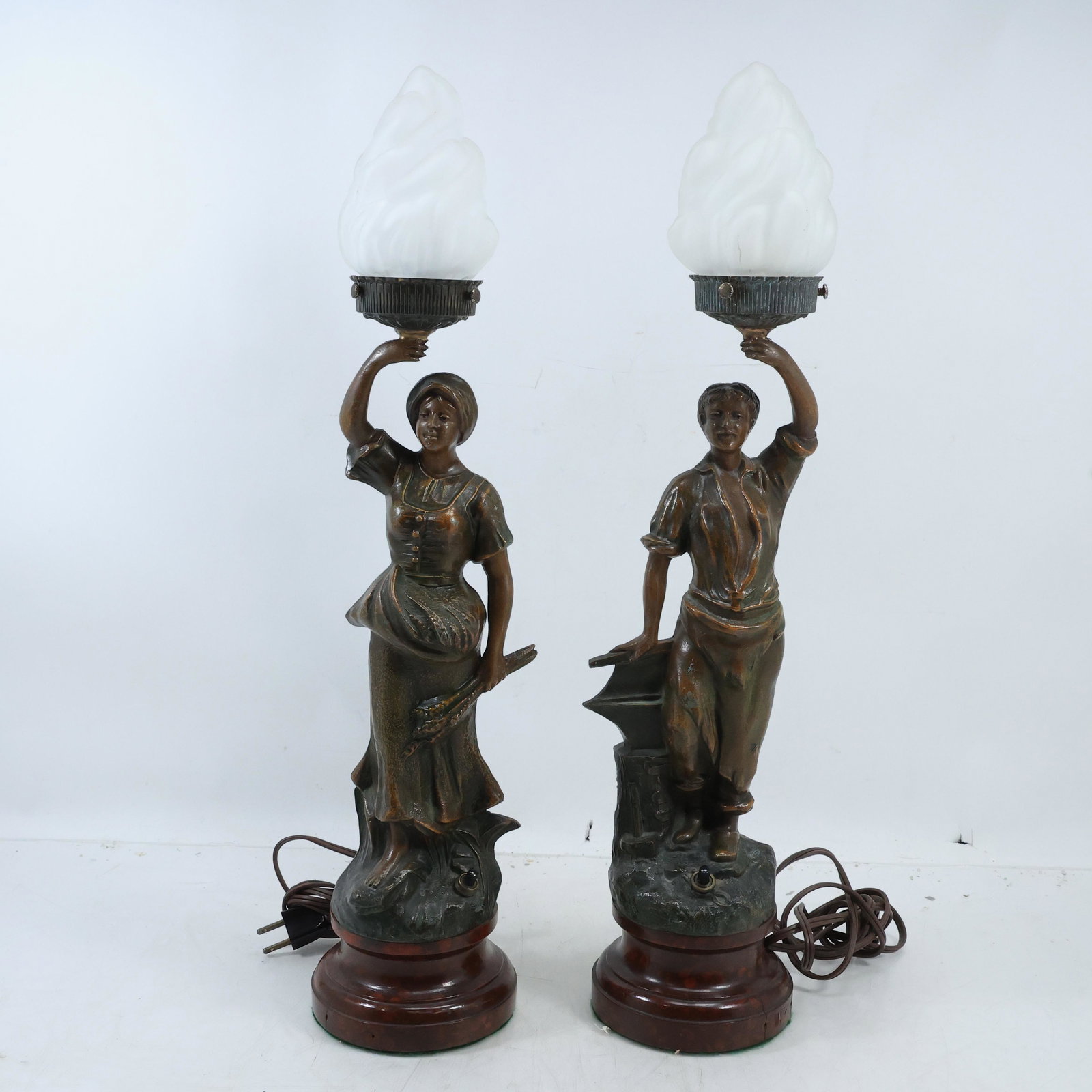 [2] French Cast Metal Spelter Figurative Man and Woman Newel Post Lamps Flame Shades 20 in. (1 of 18)