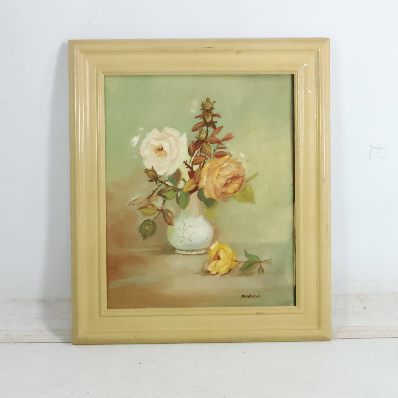 Monica Villanova, Vintage Oil on Board Painting Still Life Roses in Vase, Signed, Framed (1 of 13)