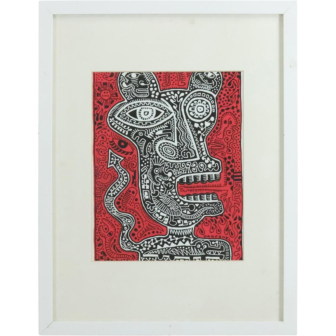 Daniel Fenelon, American, Mixed Media, Urban Tribal Grotesque Figure, Signed, Framed: Daniel Fenelon, American, Mixed Media, Urban Tribal Grotesque Figure, Signed, Framed. size: 9.5 x 7.5 matte, 16.75 x 12.75 outside frame. Google: Trained at the Museum School of Fine Arts in Boston, D