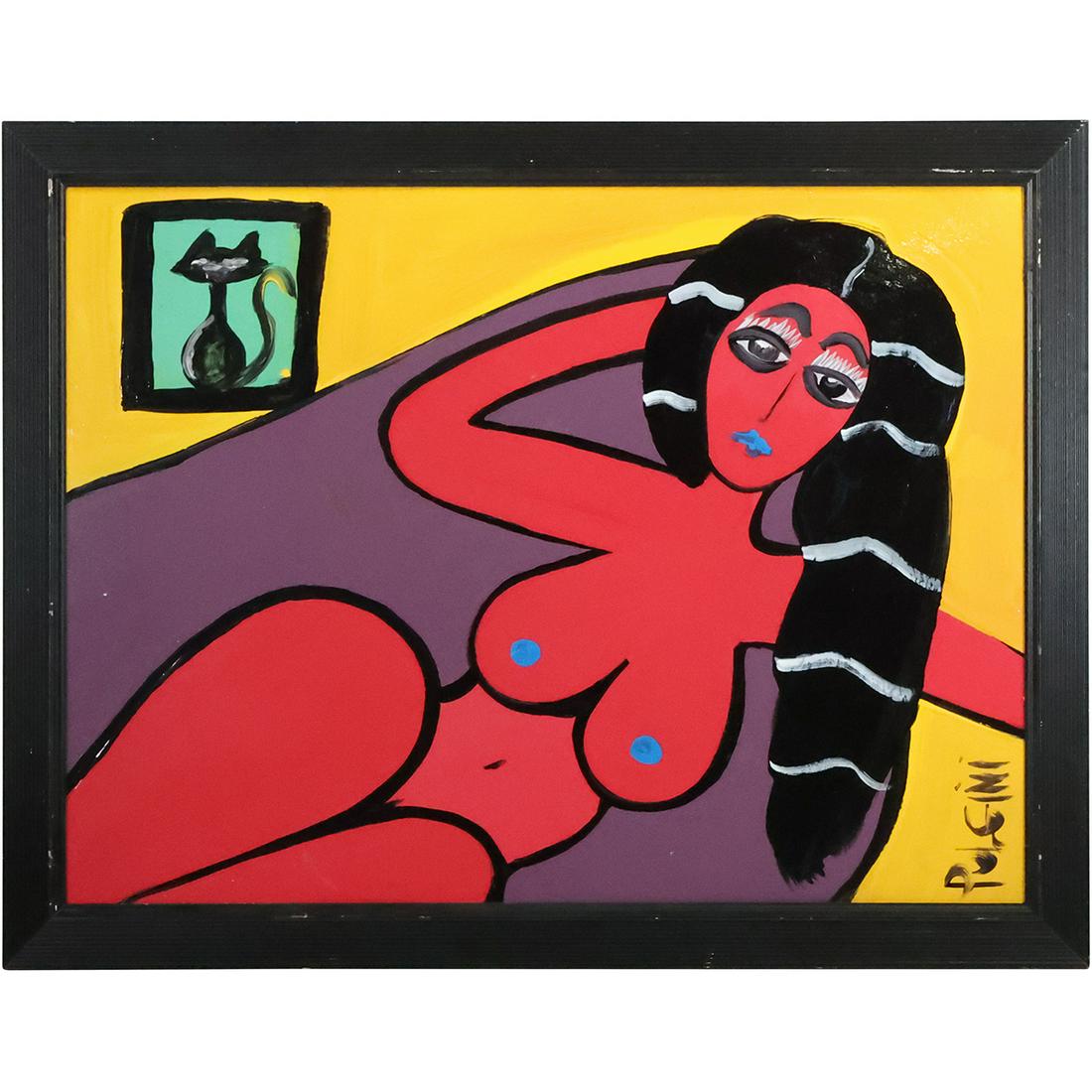 Thomas Pulgini, American, Oil on Board, Signed, Framed, Nude Red Woman Interior: Thomas Pulgini, American, Oil on Board, Signed, Framed, Nude Red Woman Interior Room with Cat picture on Wall. Well Listed American Artist. size: 24 x 32, 28 x 36 outside frame. Thomas Pulgini, Born 1