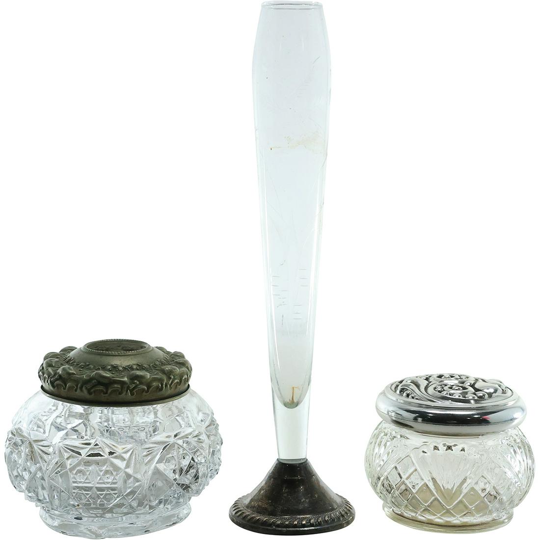 [3] Sterling Silver Base Bud Vase and 2 Silver Top Round Glass Dresser Jars (1 of 16)