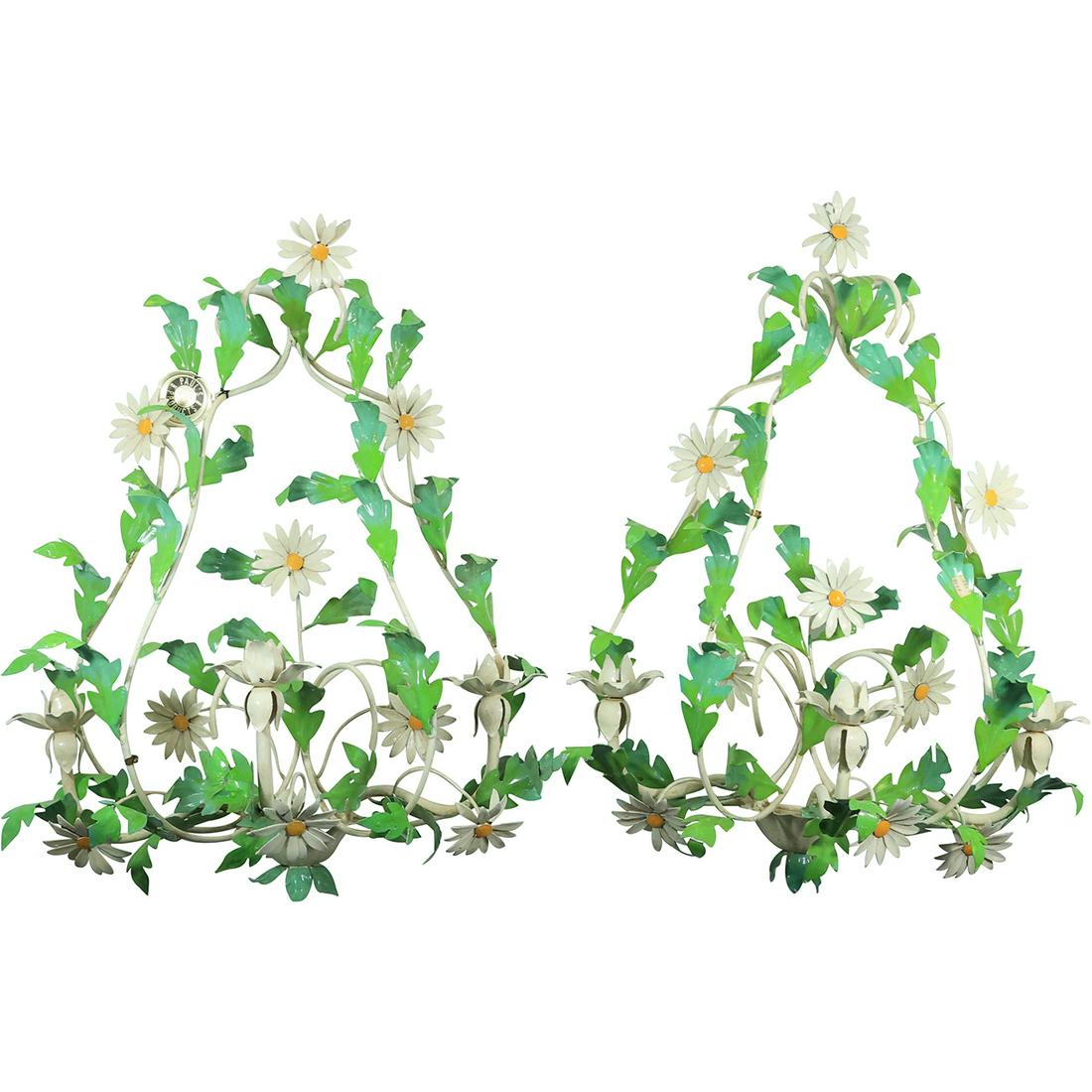 [2] Hollywood Regency Painted Toleware Daisies and Leaves Wall Candle Sconces 24 inches (1 of 20)