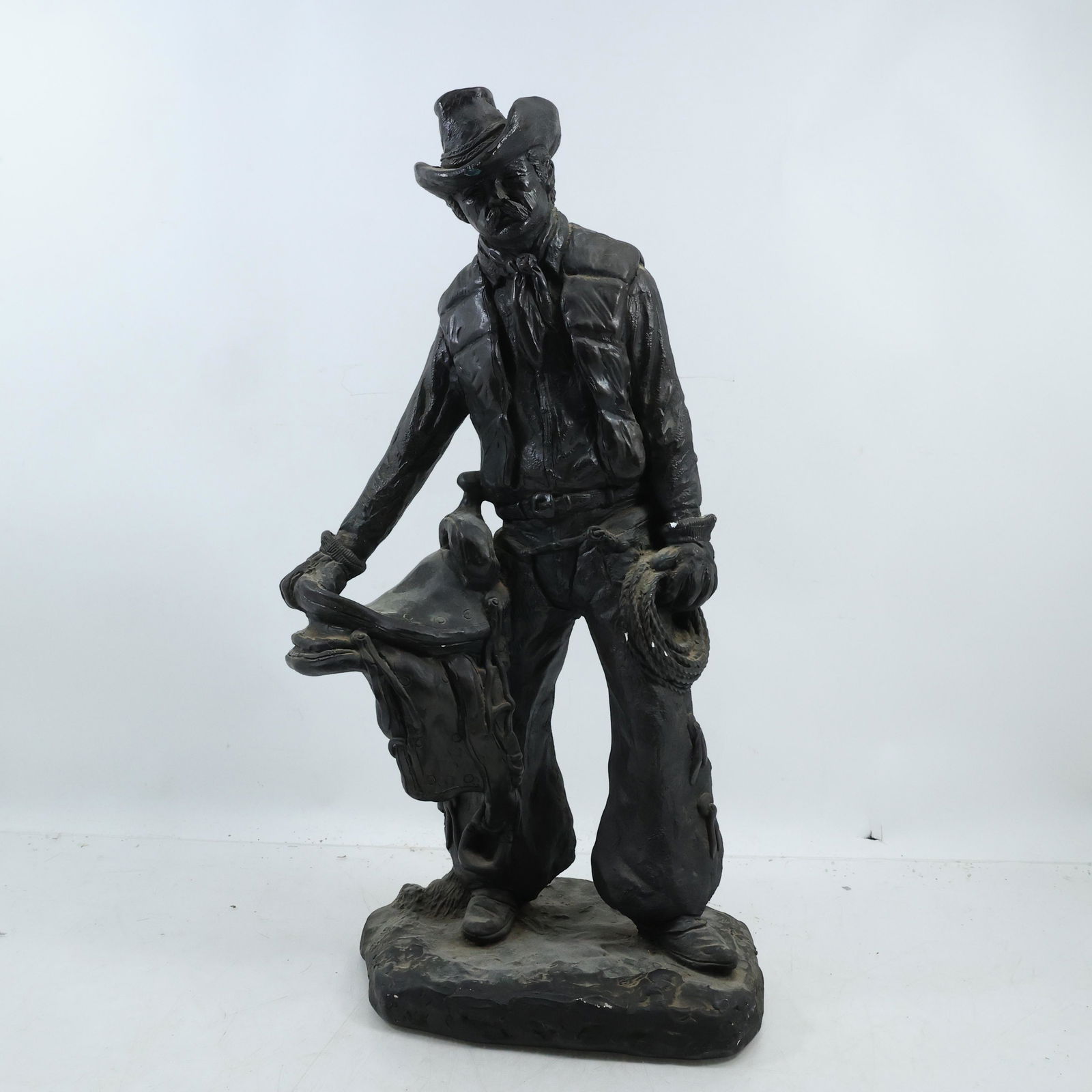 Signed Alfred, Western Cowboy Holding a Saddle Statue Sculpture Florentine Art Studio 19 inches h. (1 of 20)