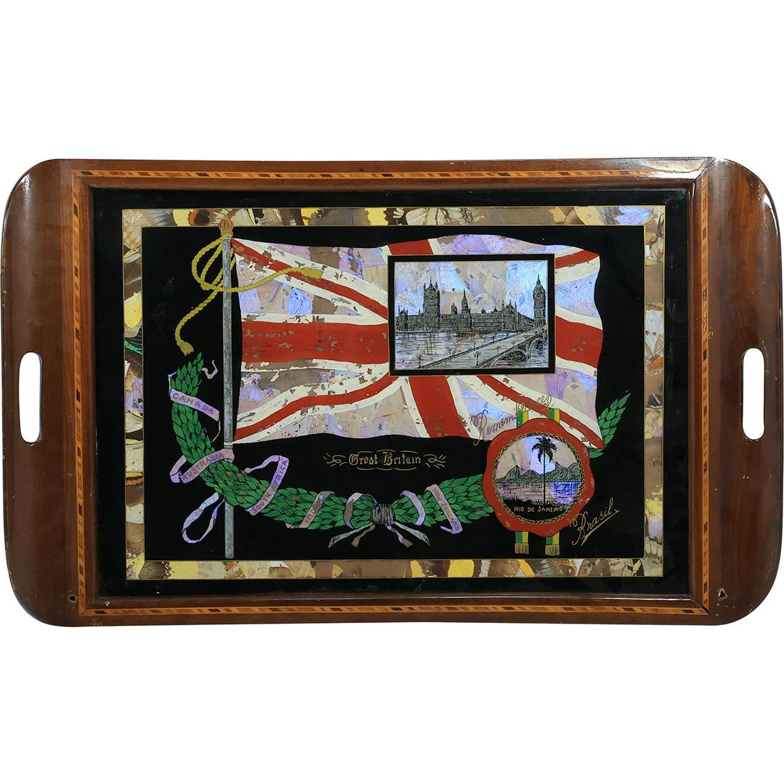 Art Deco Serving Tray "Rio De Janeiro, Brasil" Butterfly Wings Border 24.5 inches length (1 of 17)