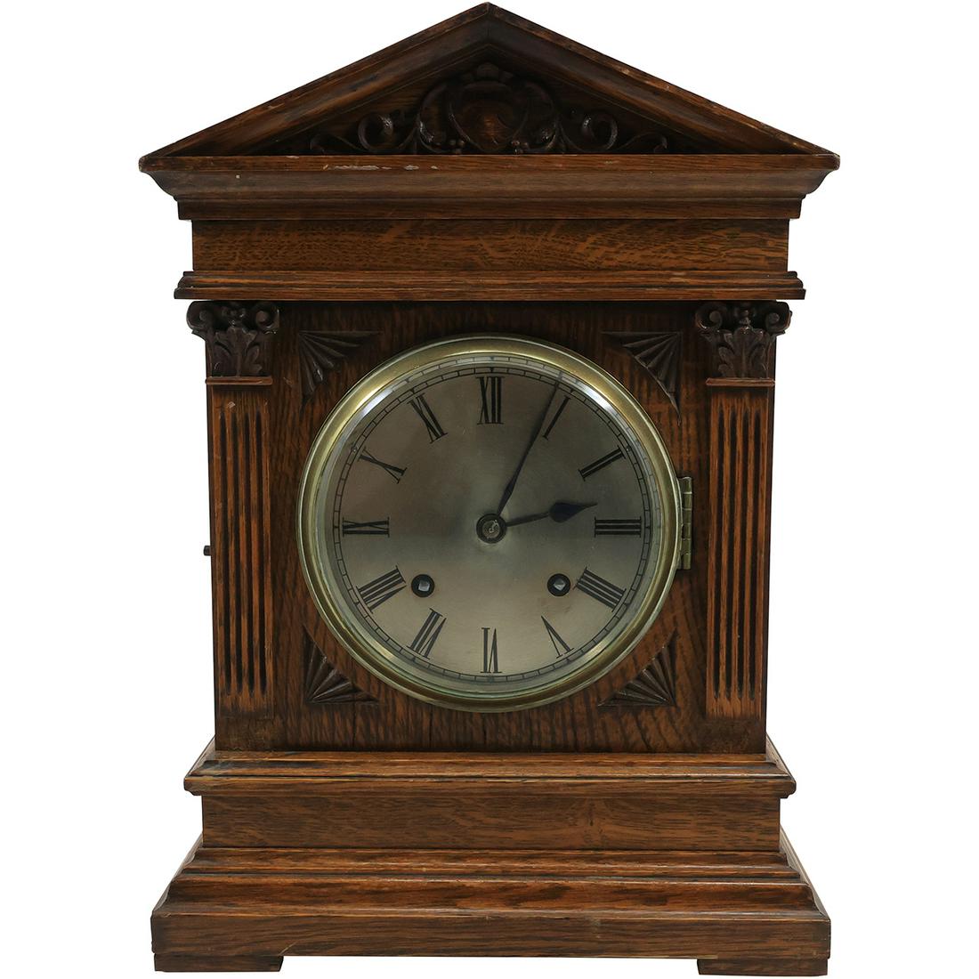 Antique Oak Case Mantle Clock, Brass Works, Original Pendulum, 14.5 inches height (1 of 17)