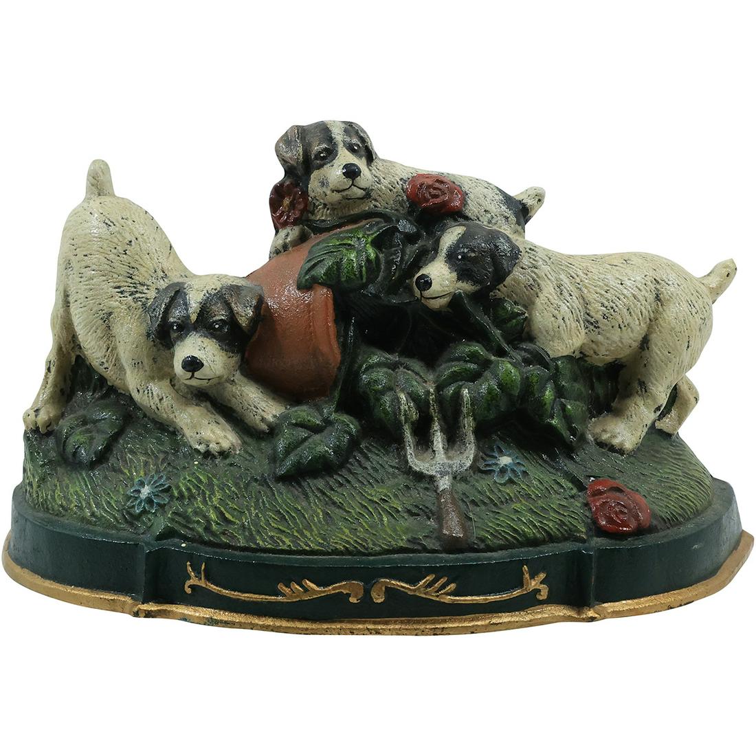 Novelty Cast Iron Door Stop 3 Dogs in Garden Scene with Flower Pot in Original Paint Finish (1 of 15)