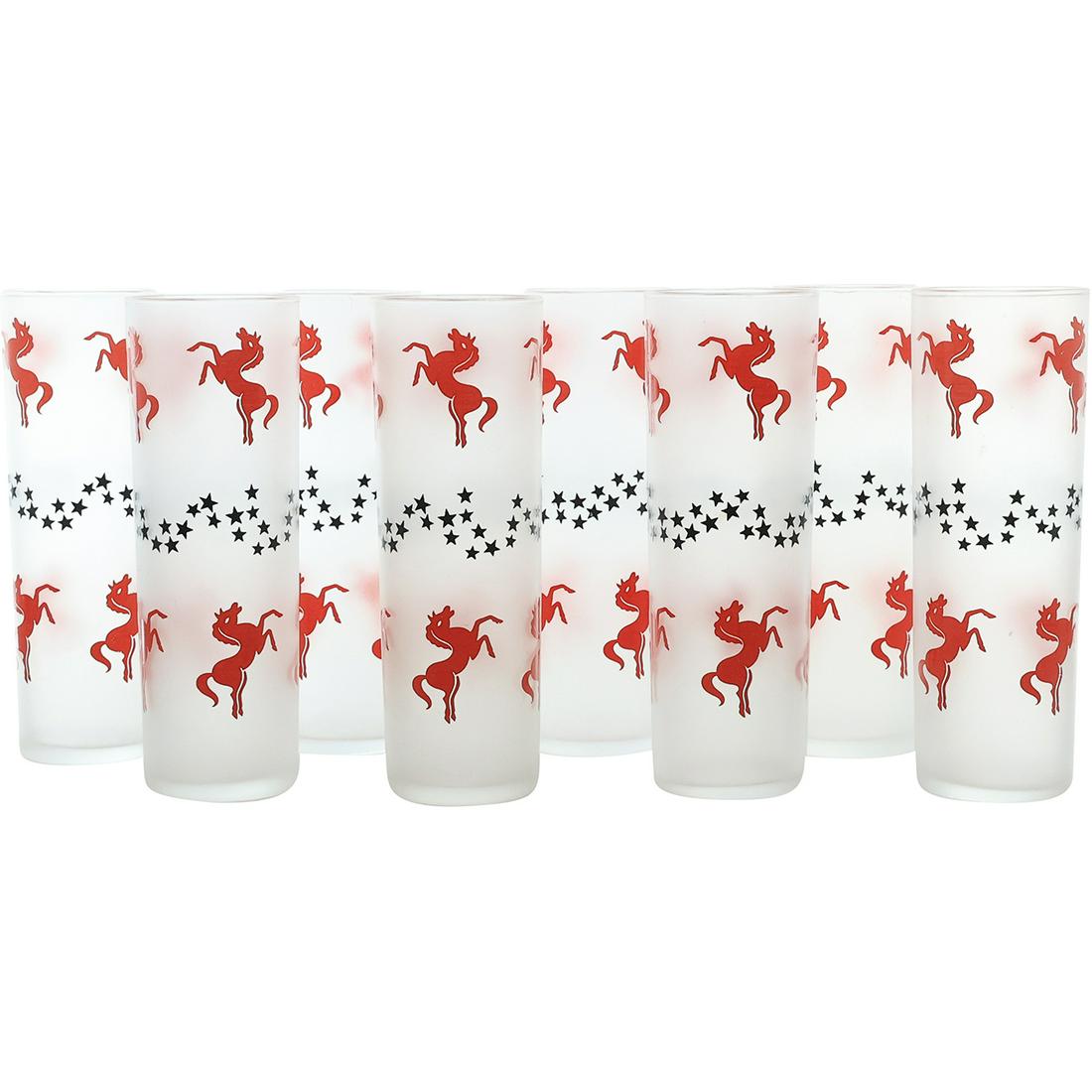 [8] Libbey Frosted Tom Collins Glasses with Red Horses and Black Stars 7 inches height: [8] Libbey Frosted Tom Collins Glasses with Red Horses and Black Stars 7 inches height. size: 7x2.5