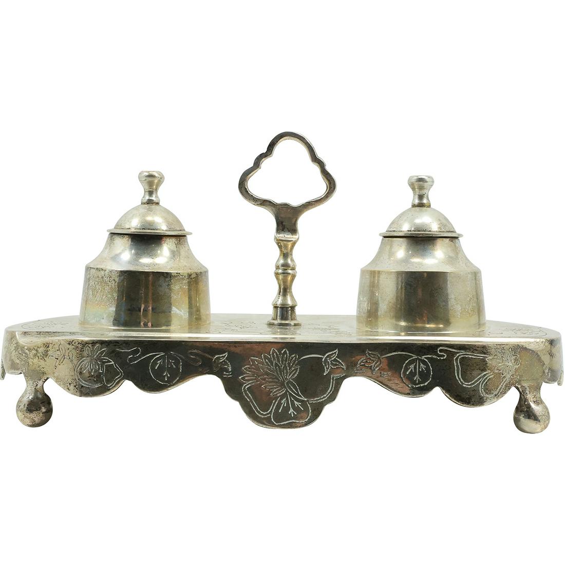 Continental Nickel Plate Desk Top Double Inkwell Stand 10 inches length (1 of 13)