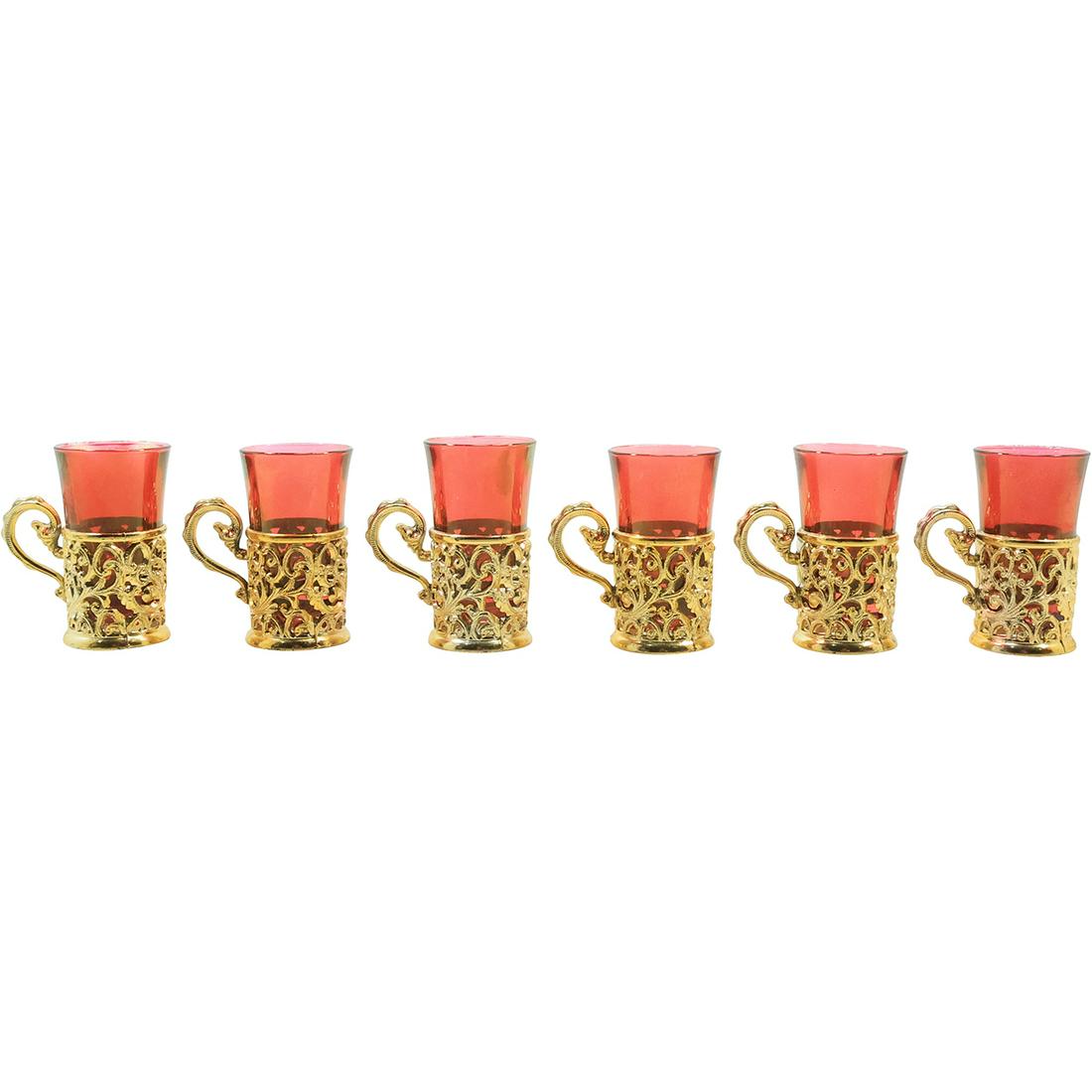 [6] Cranberry Glass Tea Glasses in Cast Metal Gold Gilt Holders 3 inches height (1 of 16)