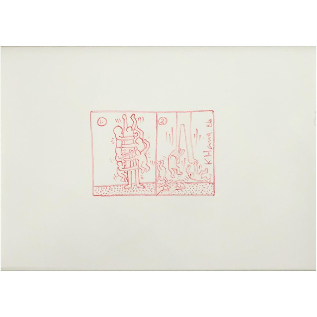 Keith Haring 1986, Red Felt Top Drawing Figures in Celebration on Paper (1 of 11)