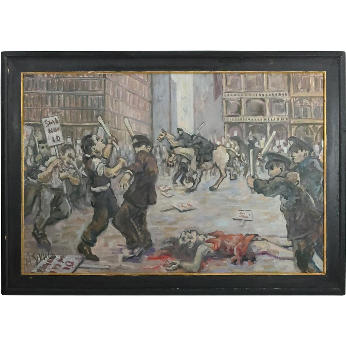 Signed A Smith, Vintage Oil on Board Painting Depression Era Protest Confrontation with Police (1 of 13)
