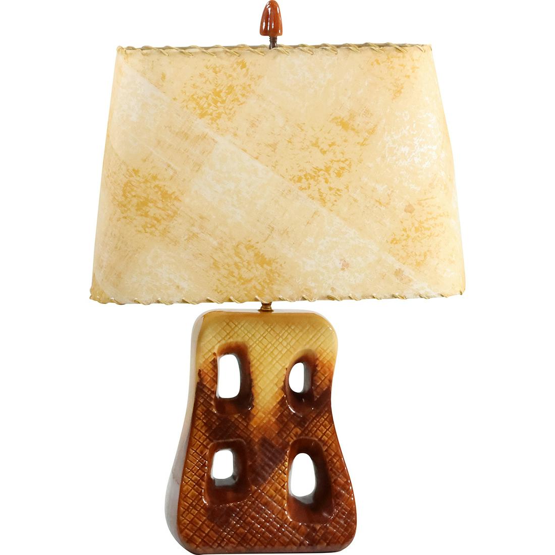 Quality Mid-Century Modern Table Lamp Yellow to Brown Glazed Ceramic, Original Shade (1 of 12)