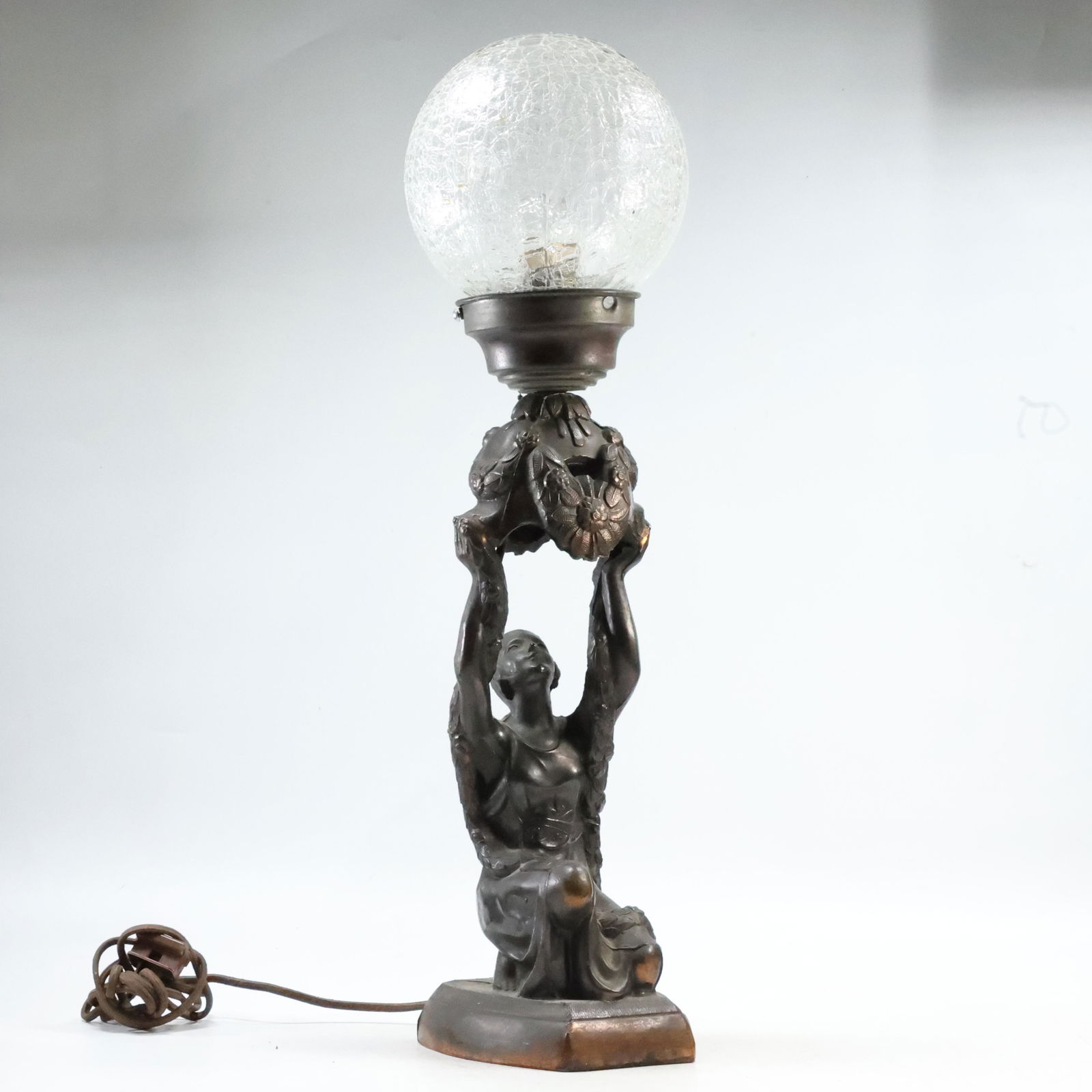 Circa 1920s Art Deco Cast Metal Figure Lamp Woman Kneeling Hold Glass Ball Shade 21.25 in. height (1 of 11)