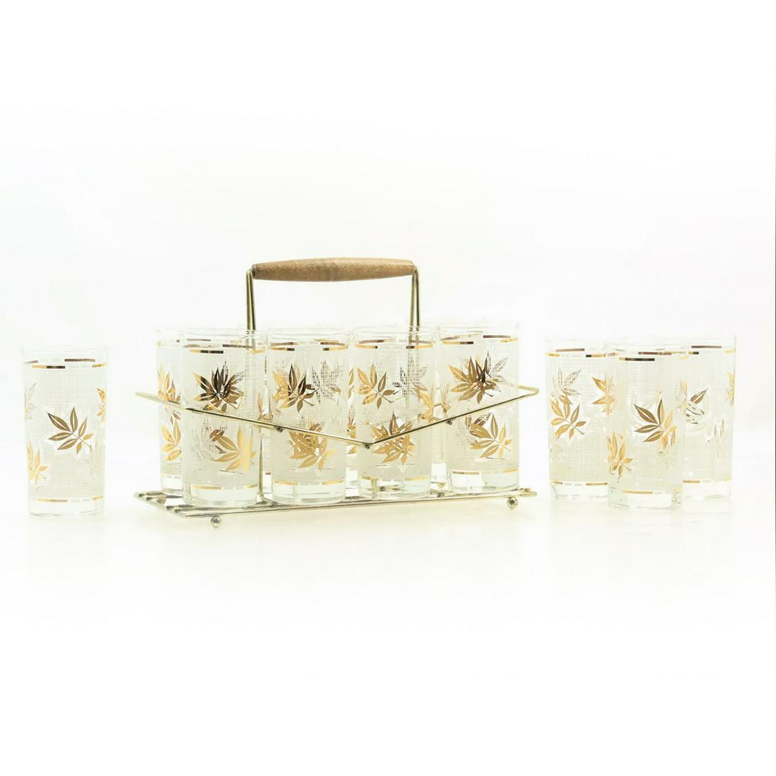 Libbey Glass 12 Gold Leaves Drinking Glasses, 8 fit into a Metal Caddy (1 of 19)
