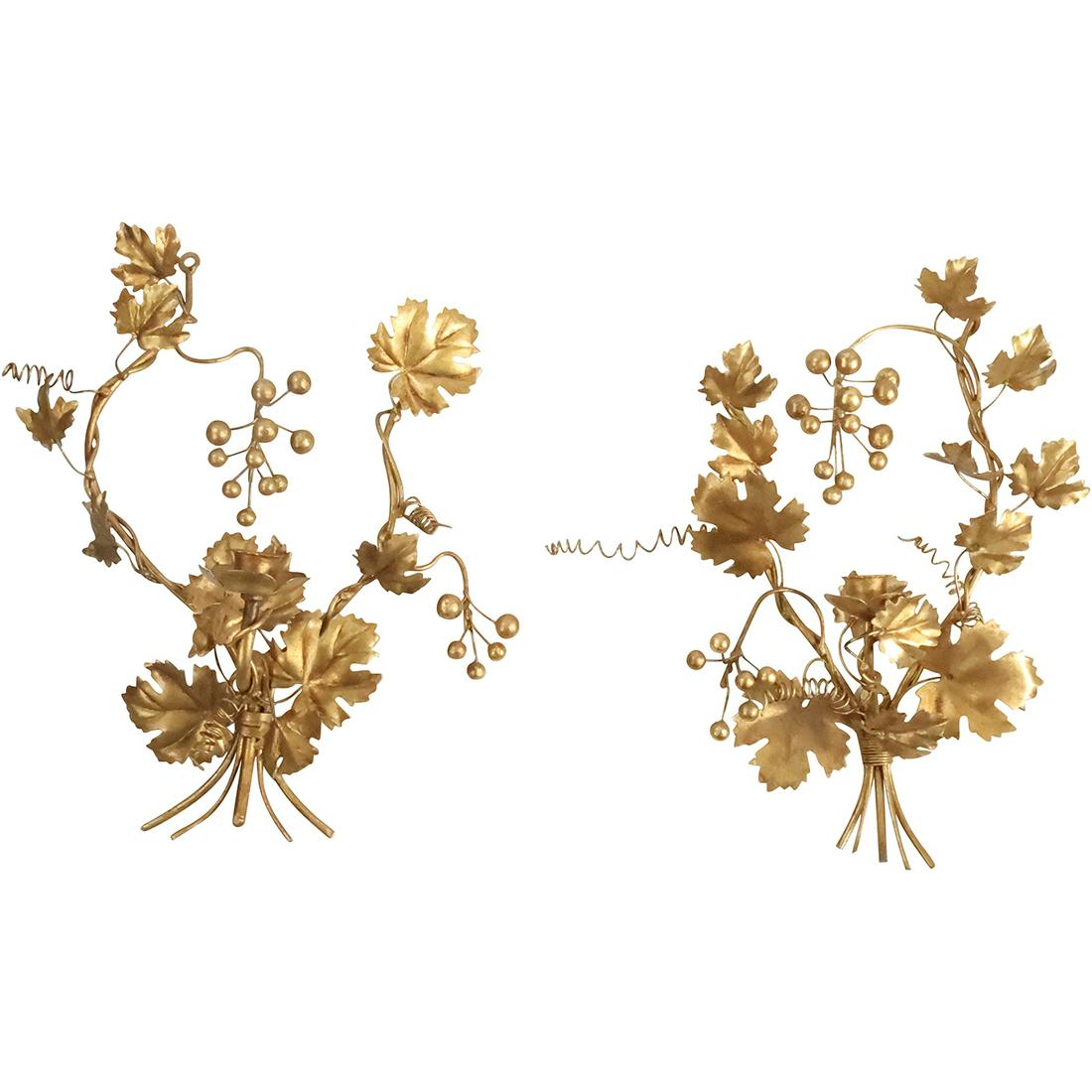 [2] Hollywood Regency Gold Gilt Toleware Wall Candle Sconces Berries & Leaves 18 inches: [2] Hollywood Regency Gold Gilt Toleware Wall Candle Sconces Berries & Leaves 18 inches. Good Gilt Patina. size: 18 x 15 x 8