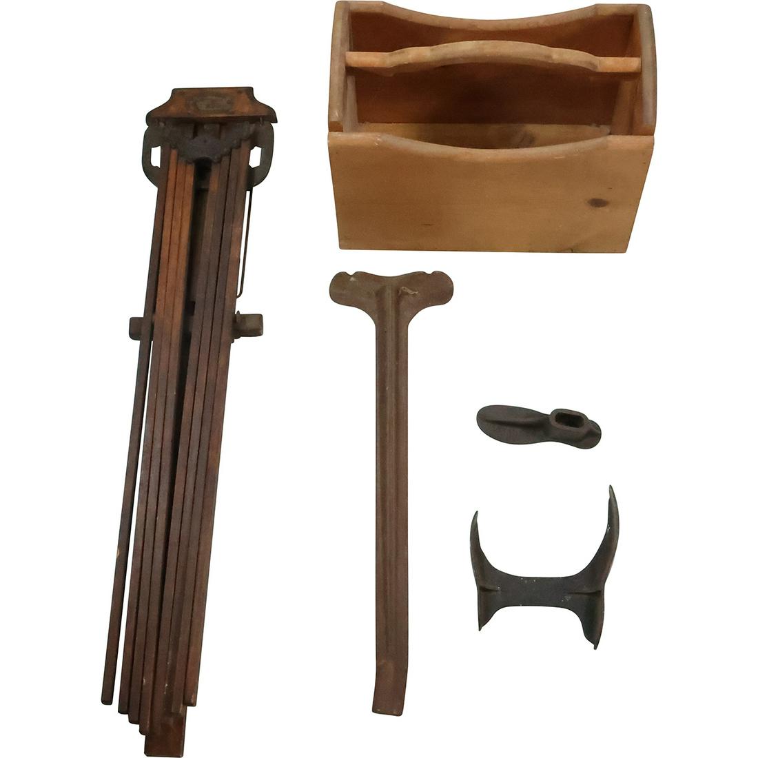 Estate Grouping: Wooden Primitive Tool Caddy, Iron Cobbler's Shoe Stand, Drying Rack (1 of 15)