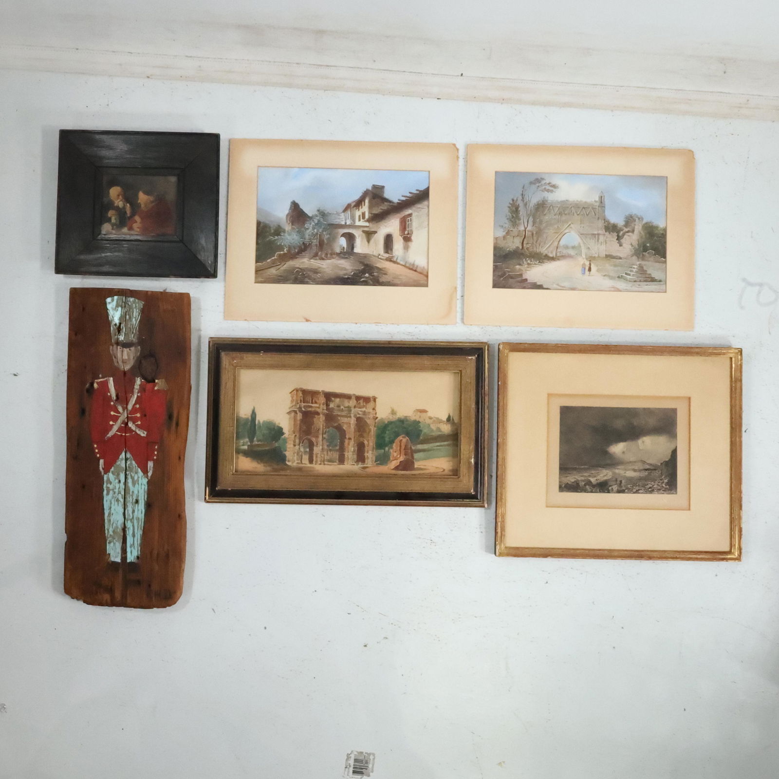 Estate Grouping [6] Assorted Paintings Artwork: Watercolors, Etching , Soldier Oil on Wood Panel (1 of 19)