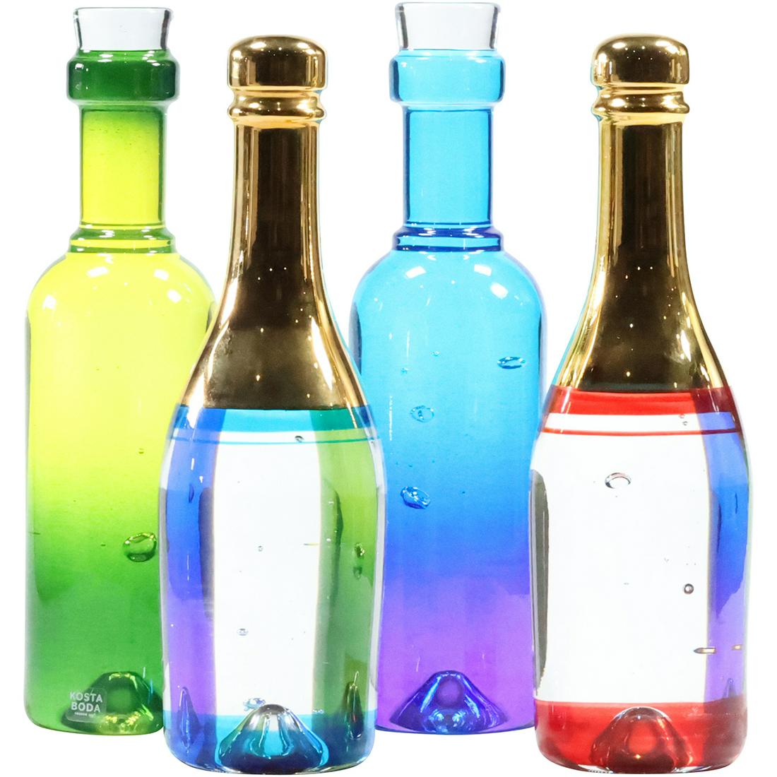 4 Signed Kosta Boda Celebrate Champagne Wine Bottles Sculptures Original Label: 4 Signed Kosta Boda Celebrate Champagne Wine Bottles Sculptures Original Label. Kjell Engman. size: 2x (7.25 x 2.25), 2x (7.5 x 2) - 3 of 4 have boxes