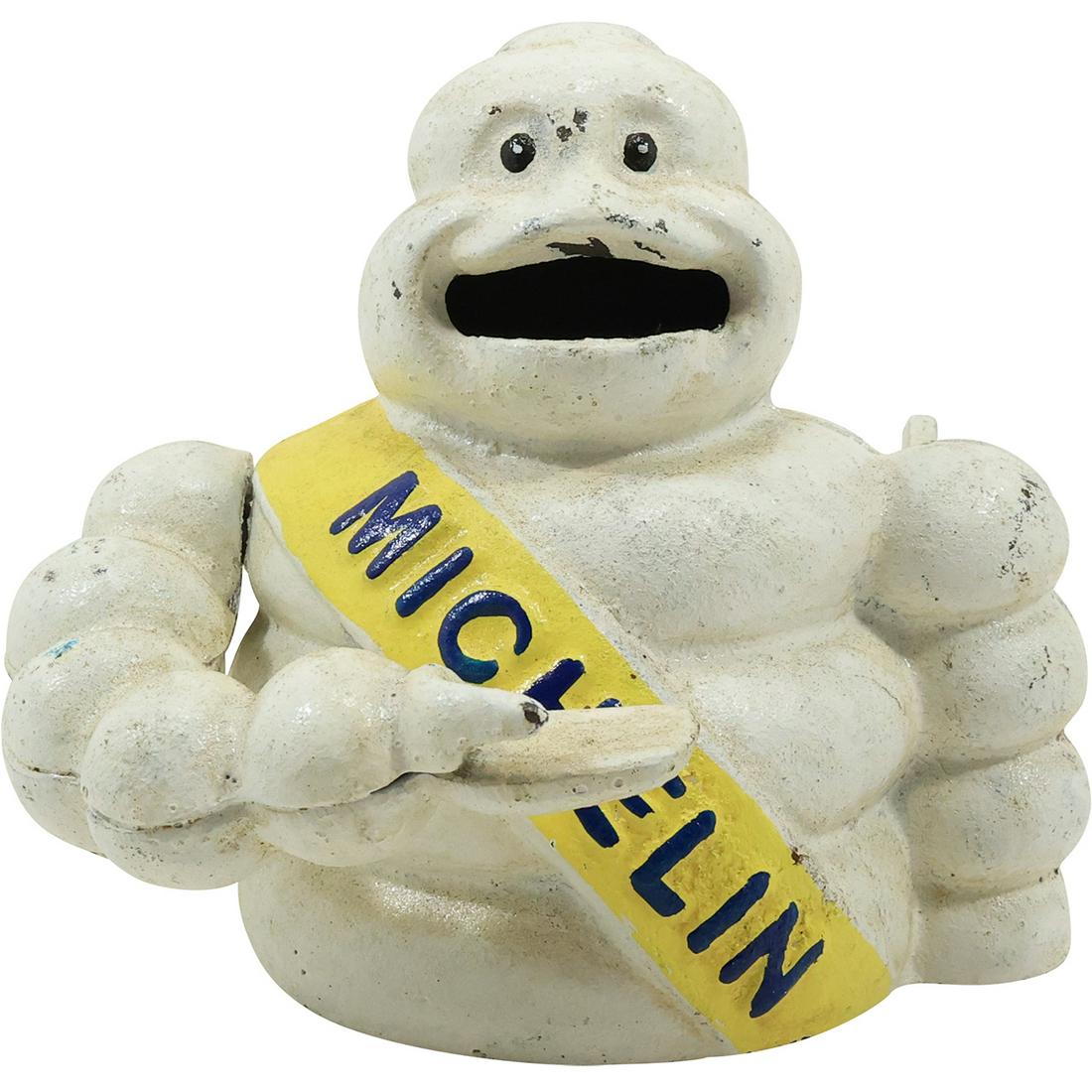 Novelty Michelin Man Cast Iron Goodyear Tires Mechanical Bank Original Paint Finish 5 in. height (1 of 19)