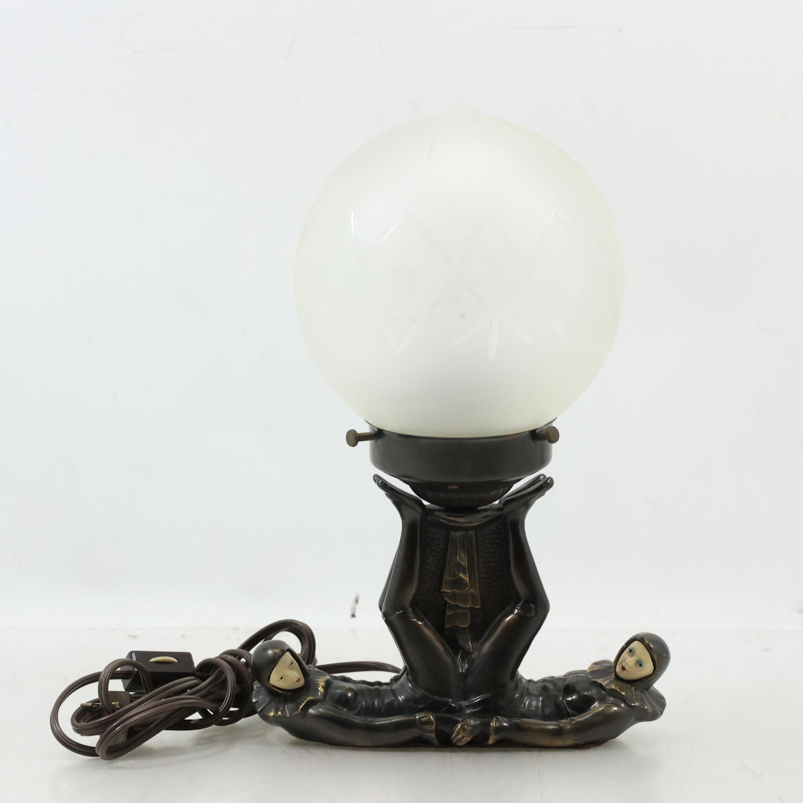Circa 1920s Art Deco Double Harlequin Figures Accent Lamp Glass Ball Shade 11.5 inches height (1 of 18)