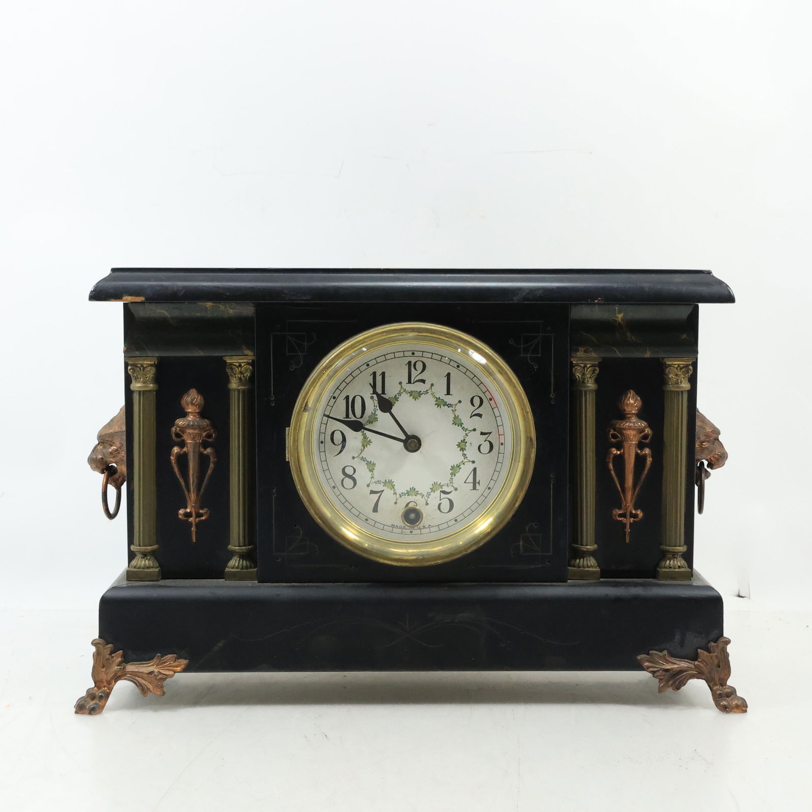 Antique Mantle Clock Made in USA 8-Day, Wood Case, Metal Lion Head Sides 15 inches length (1 of 20)