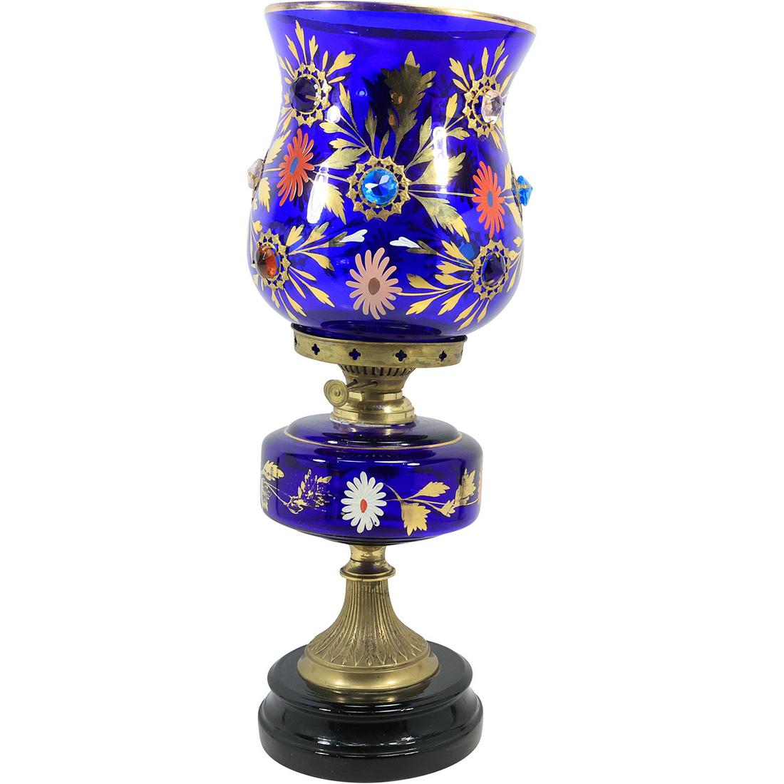 Decorated Cobalt Blue Glass Hurricane Lamp with Gold Design and Jewels Shade 23 inches height: Decorated Cobalt Blue Glass Hurricane Lamp with Gold Design and Jewels Shade 23 inches height size: 23 in. x 8 in.