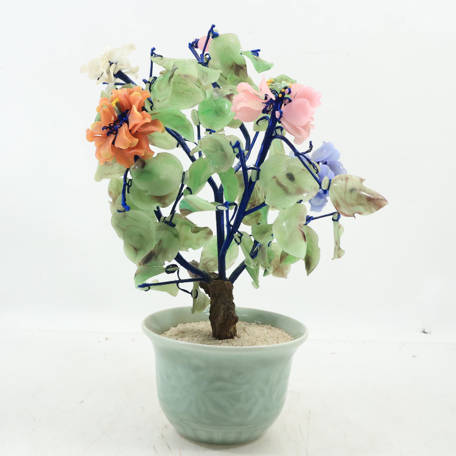 20th Century Chinese Multi Colors Jade Flowering Bonsai Tree in Celadon Pot 12.75 inches height (1 of 14)