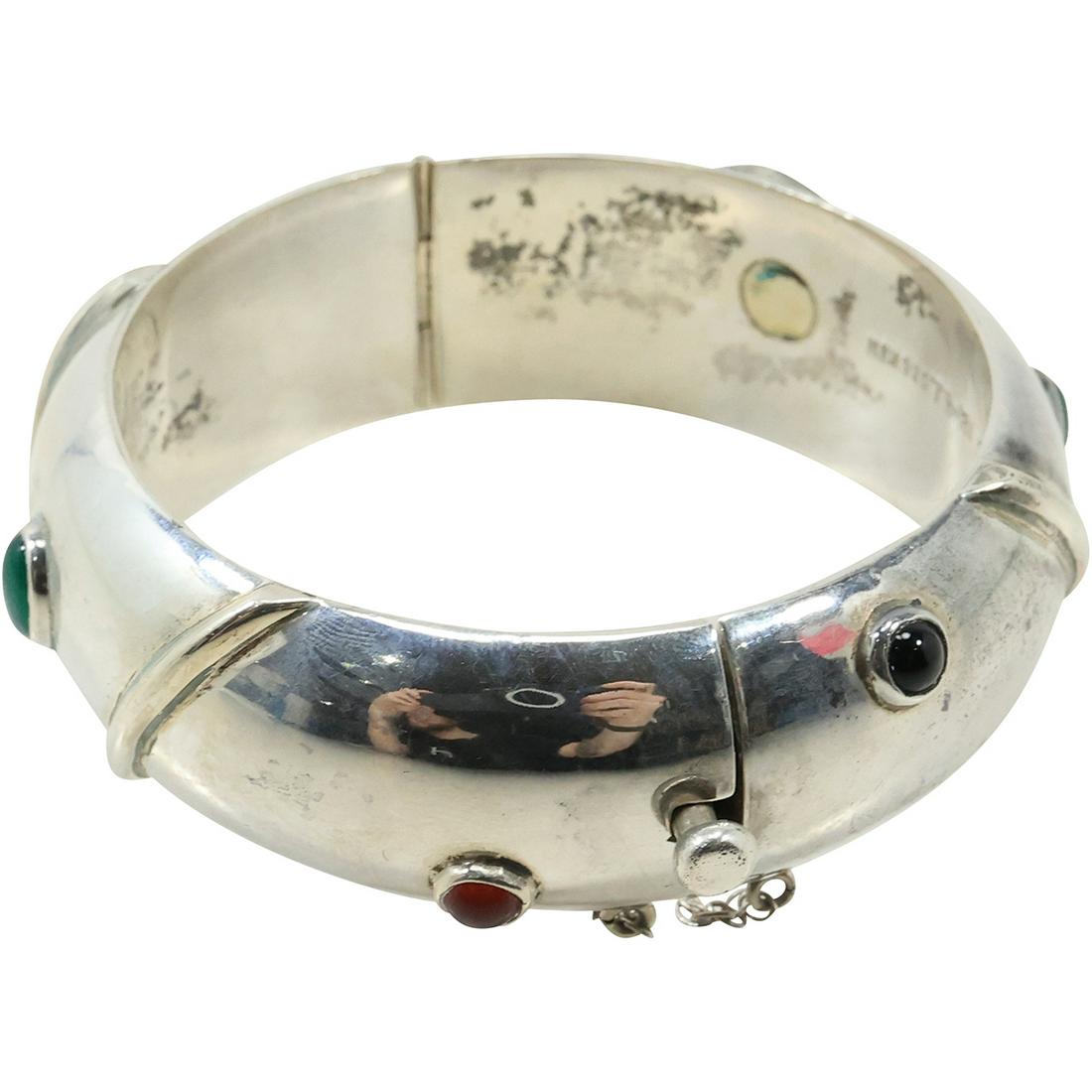 Mex .925 Sterling Silver TR-131 Large Wide Bangle Bracelet with 6 Cabochons 3 in. x 7/8 in. (1 of 13)