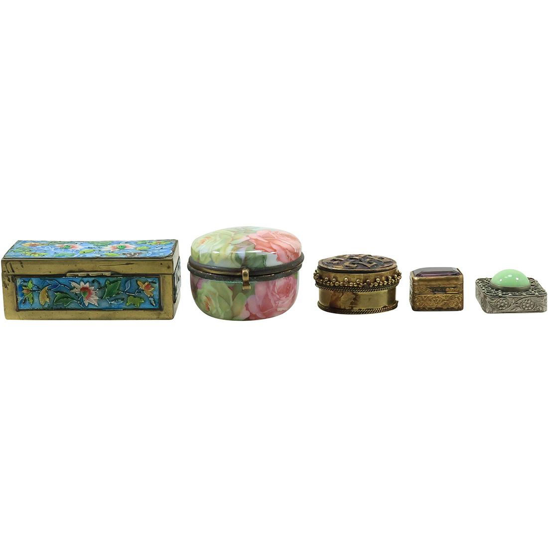 [5] Assorted Dresser Trinket Boxes: Cloisonne, Pill Box Green Stone, Round Trinket, Oval Trinket, (1 of 19)