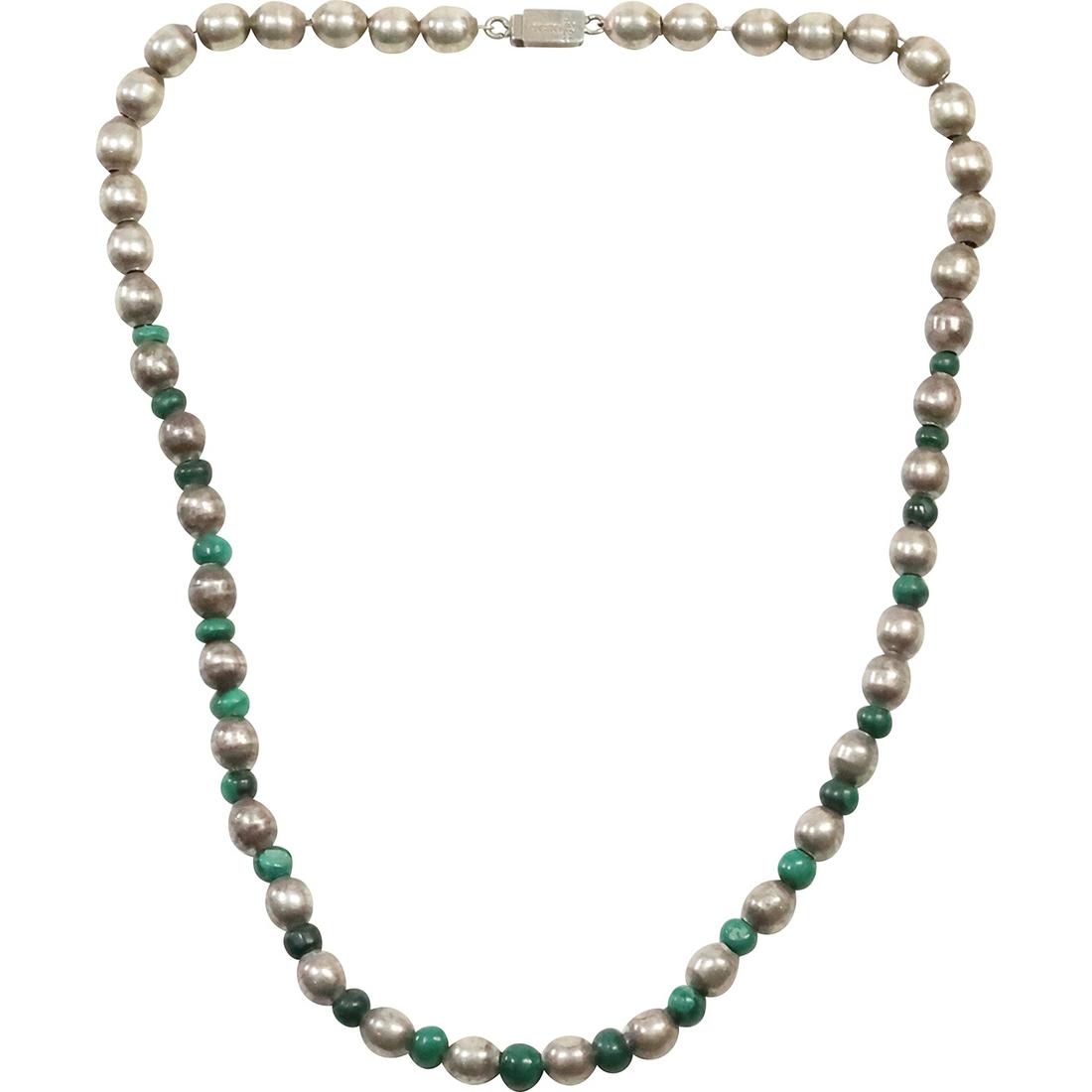 .925 Sterling Silver Mexico and Malachite Beads Necklace 20 inches x 1/4 inch (1 of 11)