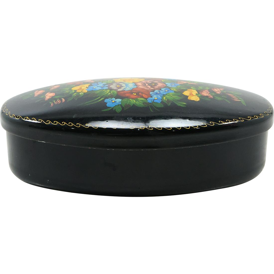Hand Painted Tin RUSSIAN BOX Oval Colorful Flowers 5 7/8 in. x 3 3/8 in. x 2 in. (1 of 14)