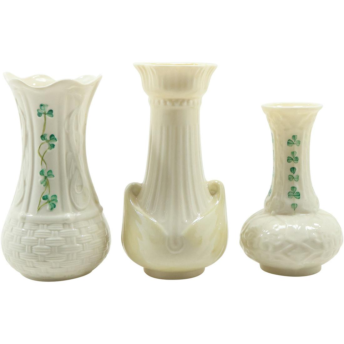 [3] Assorted BELLEEK Ireland Fine Porcelain Vases: Draped, 3 Leaf Clover Basket & 3 Leaf Clover (1 of 17)
