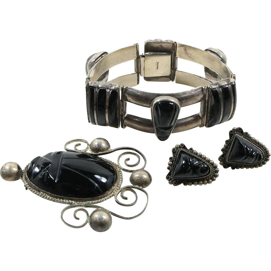 Mexico Sterling Black Onyx God Bracelet, Mexico Silver Black Onyx God Pin, Mexico Silver Earrings (1 of 18)