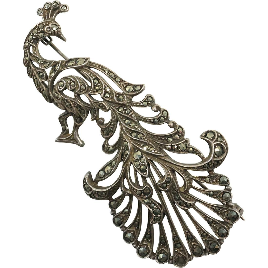 Vintage 1920s .925 Sterling Silver with Marcasites PEACOCK Pin 3 in. x 1.25 in. (1 of 12)