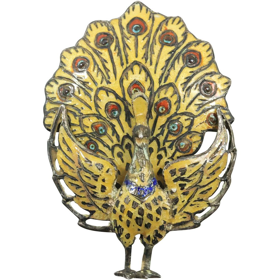 marked Silver Siam Beautiful 1920s Enameled Mechanical Peacock Pin 1 7/8 in. x 1 1/4 in. (1 of 14)