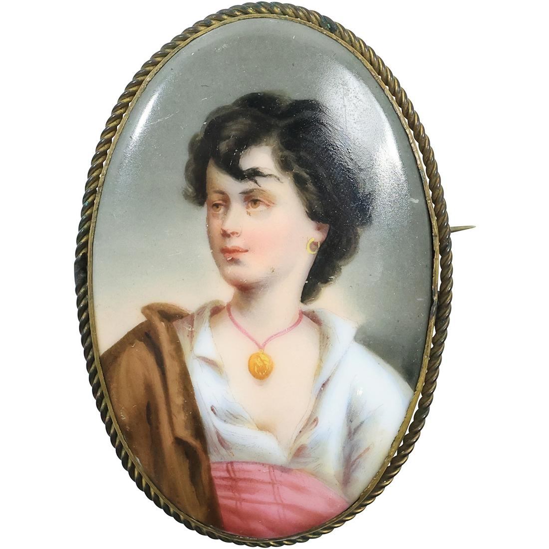 19th C. Antique Painting on Porcelain Woman Portrait, Unsigned, Hand Painted Pin 3 in. x 2 in. (1 of 15)
