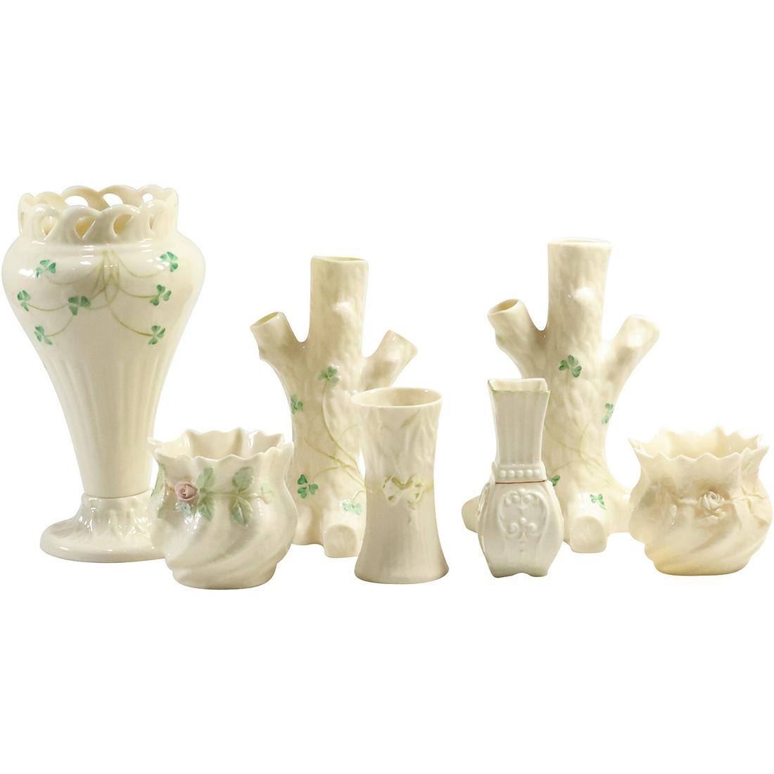 [7] Assorted BELLEEK Ireland Fine Porcelain Vases: 2 Tree Trunks, 3-leaf Clover, 2 Rose Bud, (1 of 19)