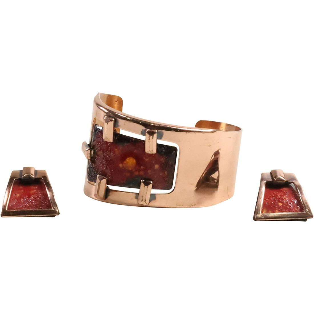 3 Pc Matisse Renoir Copper and Enameled Cuff Bracelet and Clip-on Earrings Mid-Century (1 of 14)