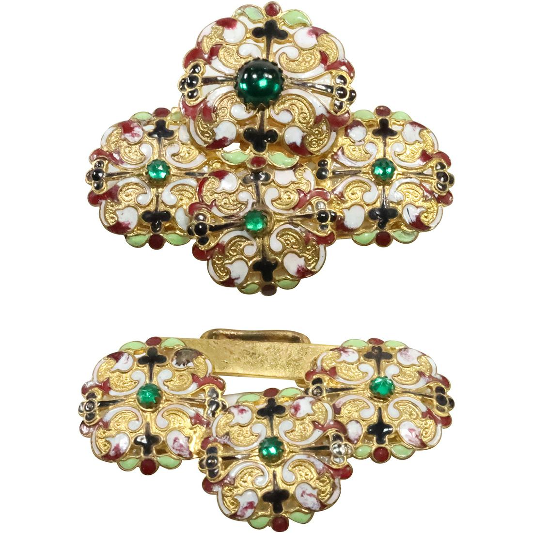 Quality 1920s Enameled and Jeweled Belt Buckle 3 in. x 2 3/4 in.: Quality 1920s Enameled and Jeweled Belt Buckle 3 in. x 2 3/4 in.
